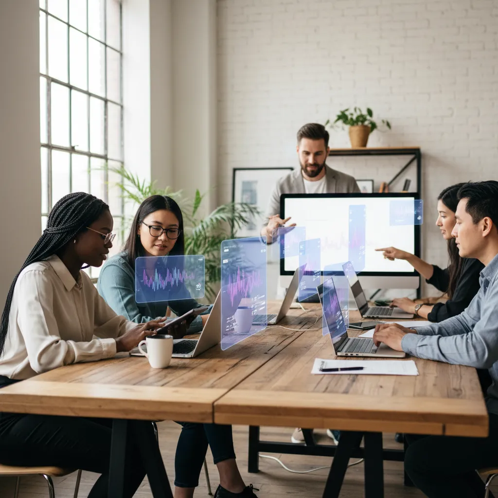 Marketing and editorial team collaborating with advanced AI content dashboards in a modern workspace.