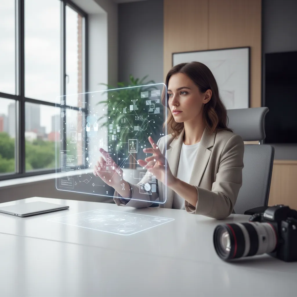 A modern digital workspace showing data analytics and holographic content strategy dashboards representing AI-human collaboration.