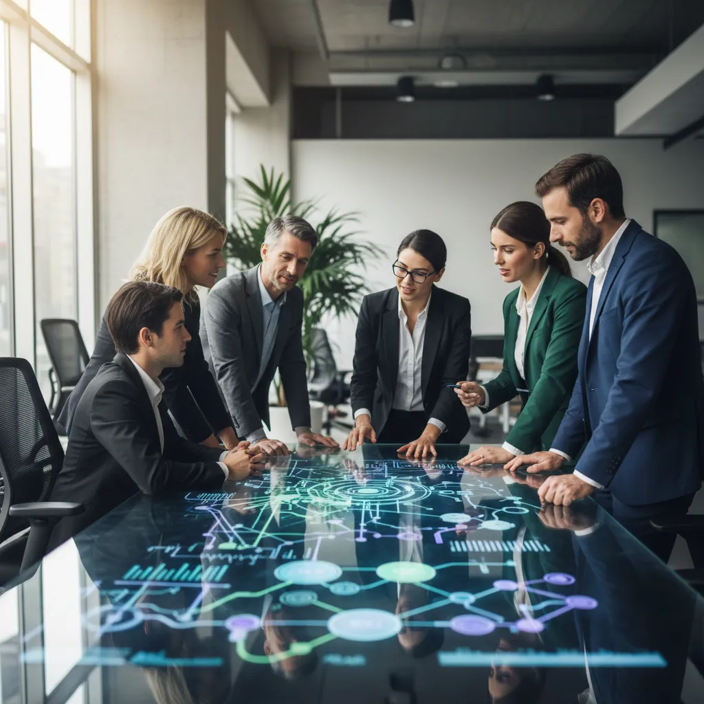 Customer experience team analyzing unified AI customer journey dashboards in a modern operations center.