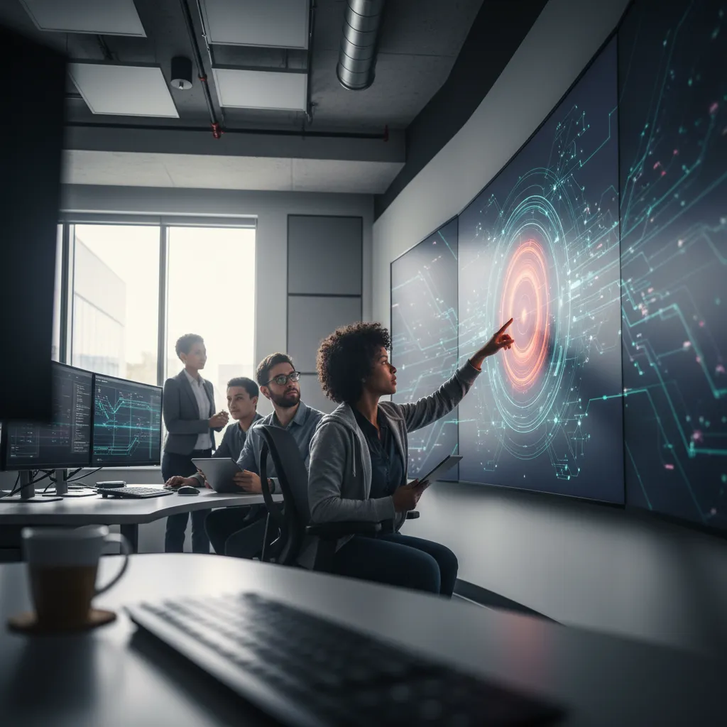 Security analysts collaborating around dashboards demonstrating real-time threat intelligence and vulnerability analysis.
