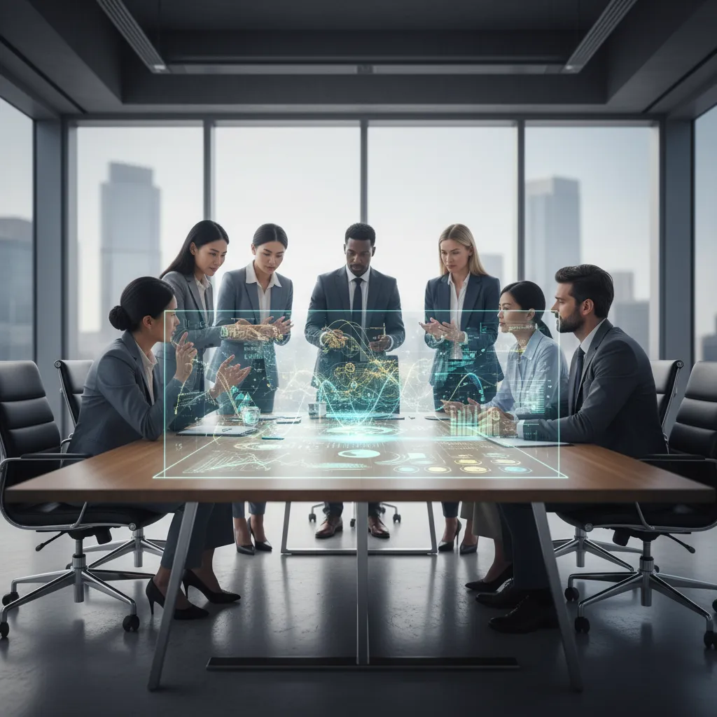 Enterprise executives reviewing AI-driven ESG dashboards and sustainability risk models in a modern boardroom.