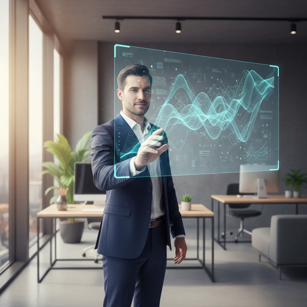 Financial analyst in a modern office analyzing holographic AI-driven cash flow projections and market trend graphs.