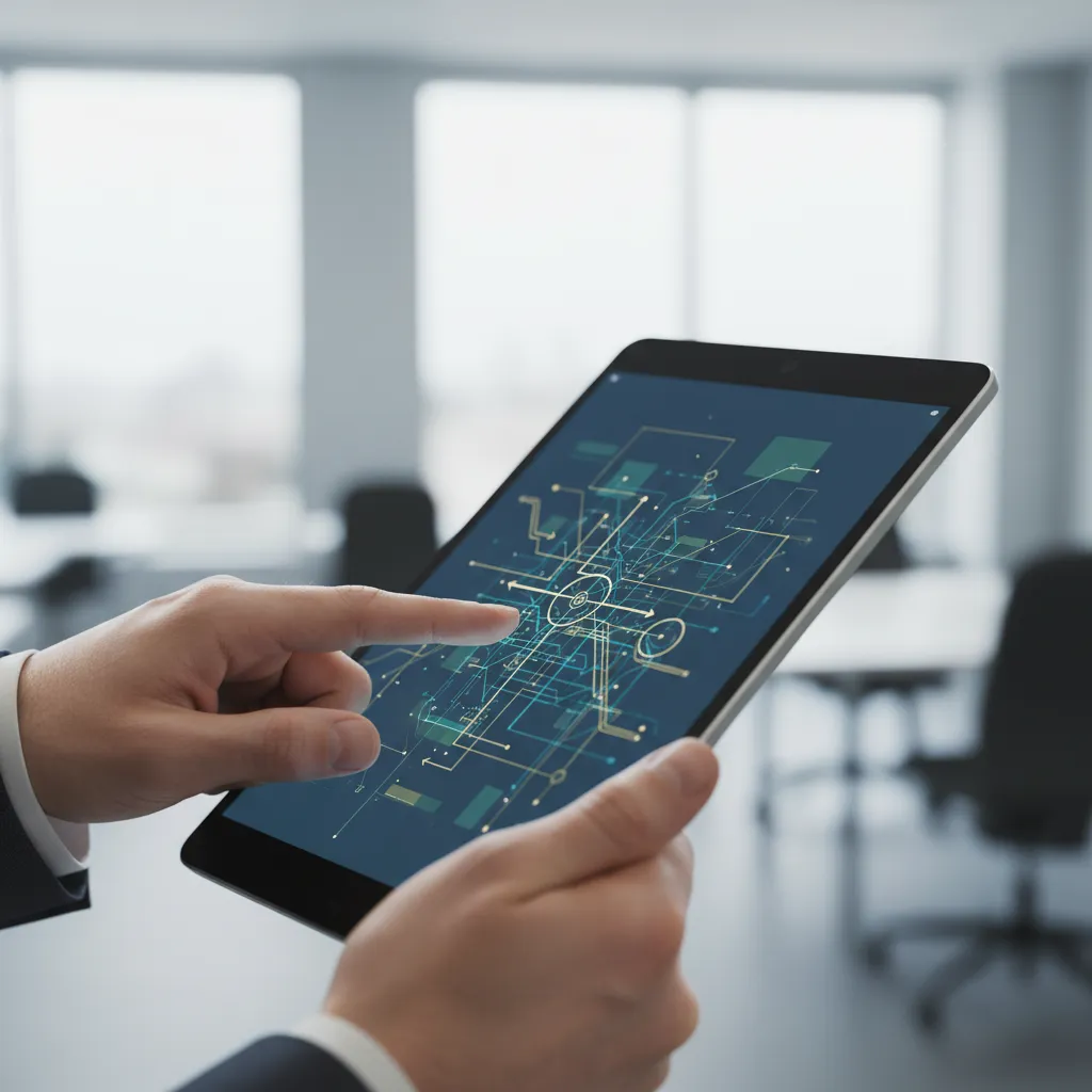 Hands pointing to tablet screen analyzing real-time financial dashboards and machine learning prediction models.