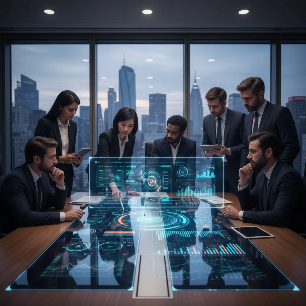 Executive management team reviewing AI-driven financial stress-test results and operational resilience metrics.