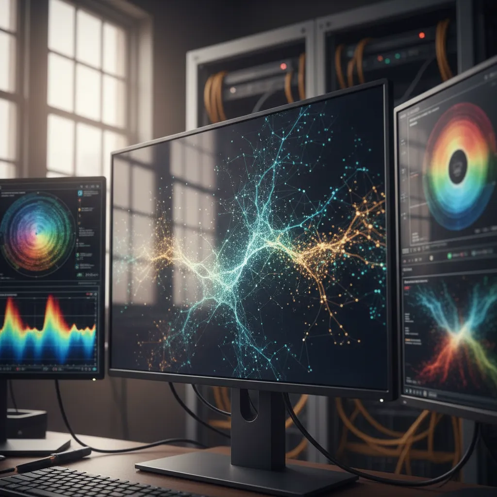 Sophisticated machine learning algorithm visualization on multiple screens, showing complex pattern recognition models analyzing financial transaction data streams.
