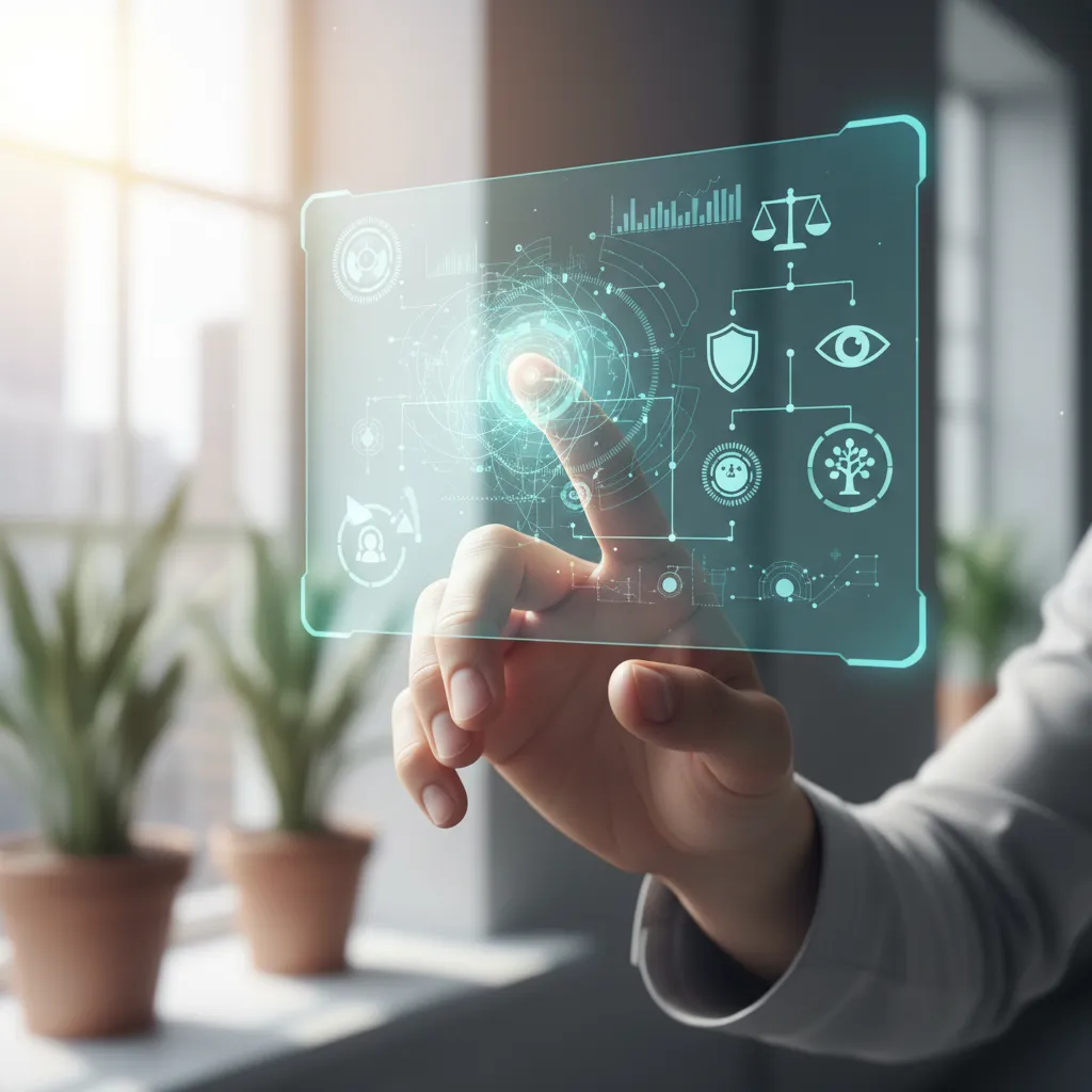 Hand interacting with clean, professional digital ethics and AI compliance interface, highlighting key principles.