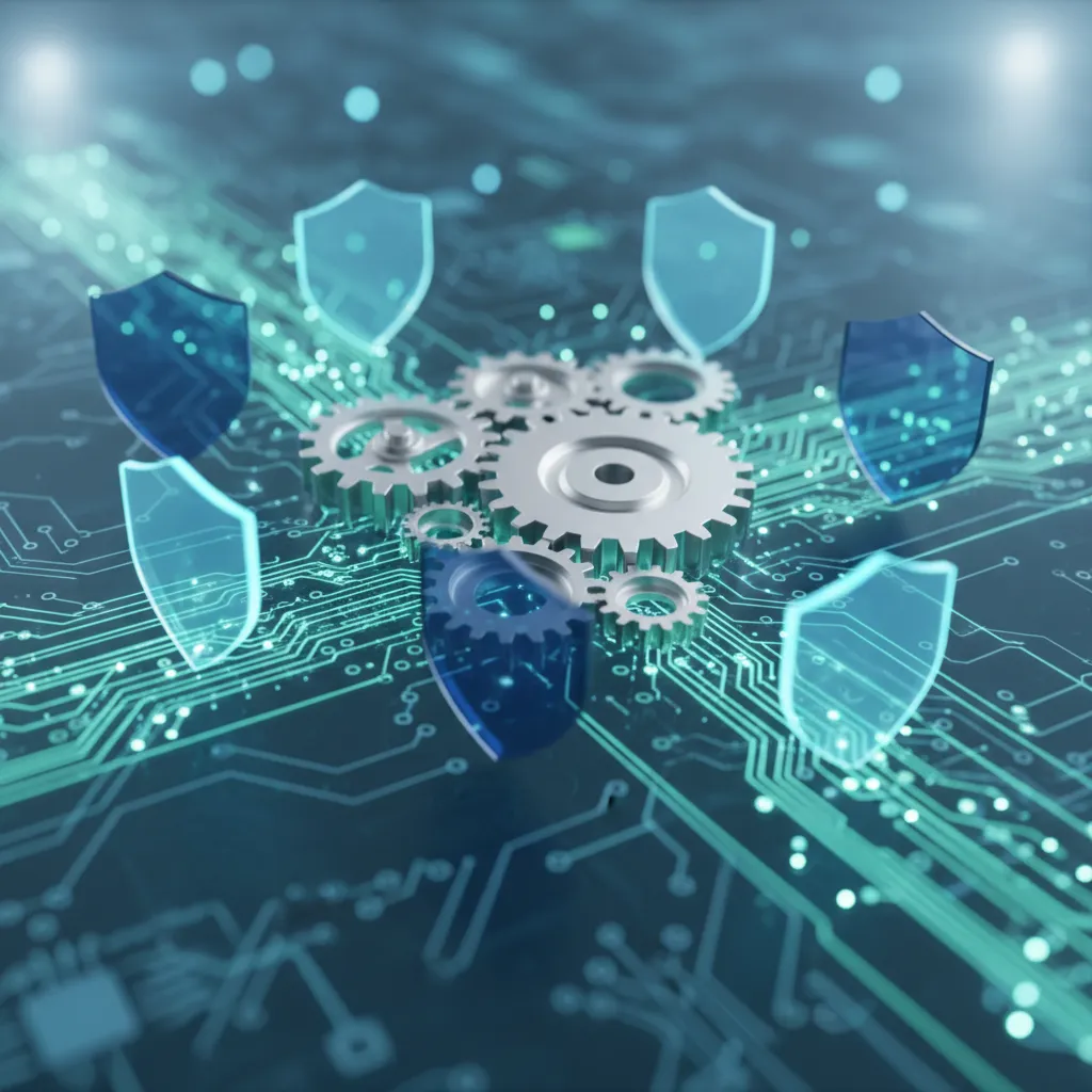 A secure, interconnected system of data gears representing automated enterprise governance and model lifecycle monitoring.