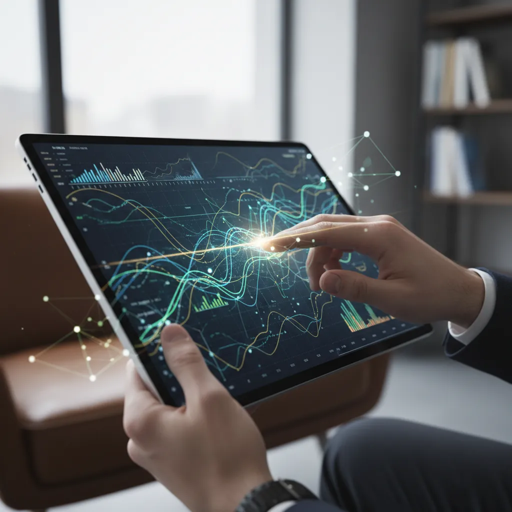 Digital investment interface showing real-time AI-driven portfolio metrics, asset allocation dials, and Sharpe ratio projections.