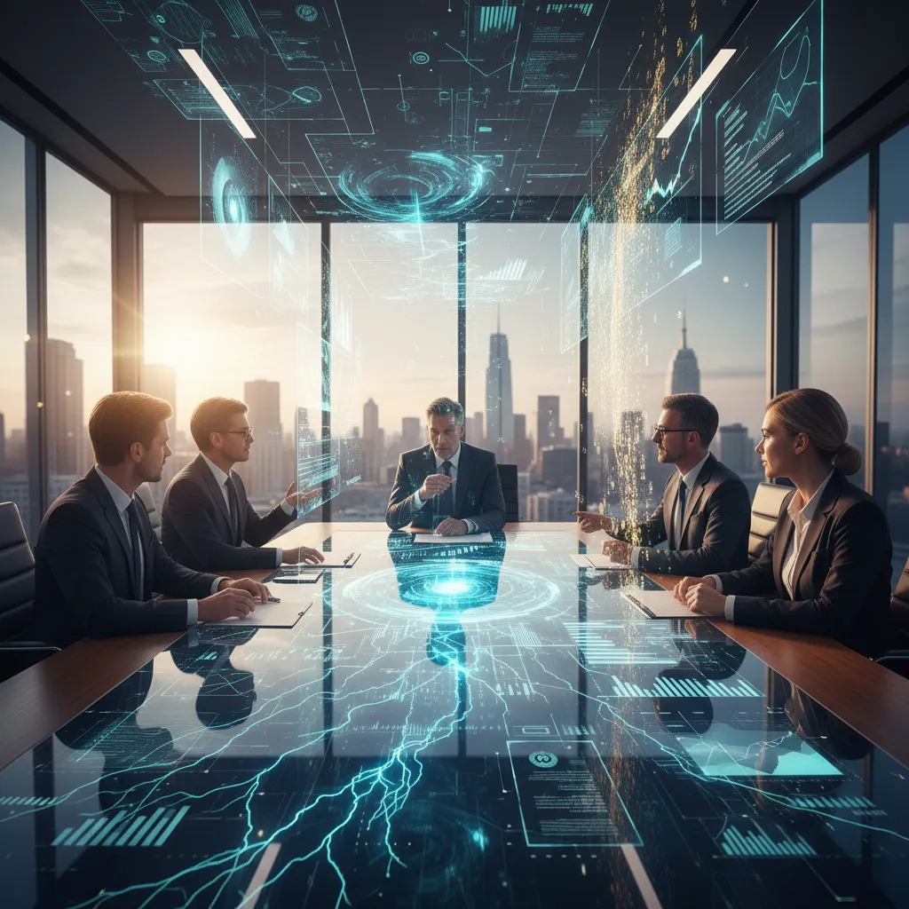 Financial and legal dealmakers analyzing AI-driven M&A due diligence dashboards and synergy models in a modern conference room.