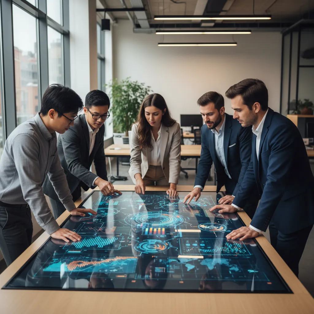 Dynamic business intelligence dashboard displaying real-time competitor pricing graphs, consumer sentiment flows, and trend analysis.