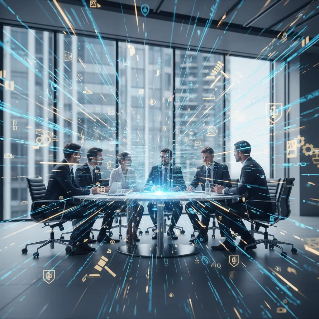 Corporate compliance officers reviewing AI-powered GRC status dashboards and automated regulatory tracking maps.