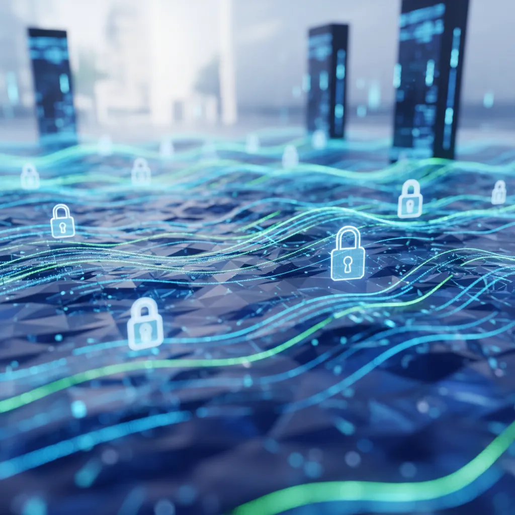 Abstract visualization depicting secure, encrypted cloud data flows, multi-tenant databases, and data compliance locks.