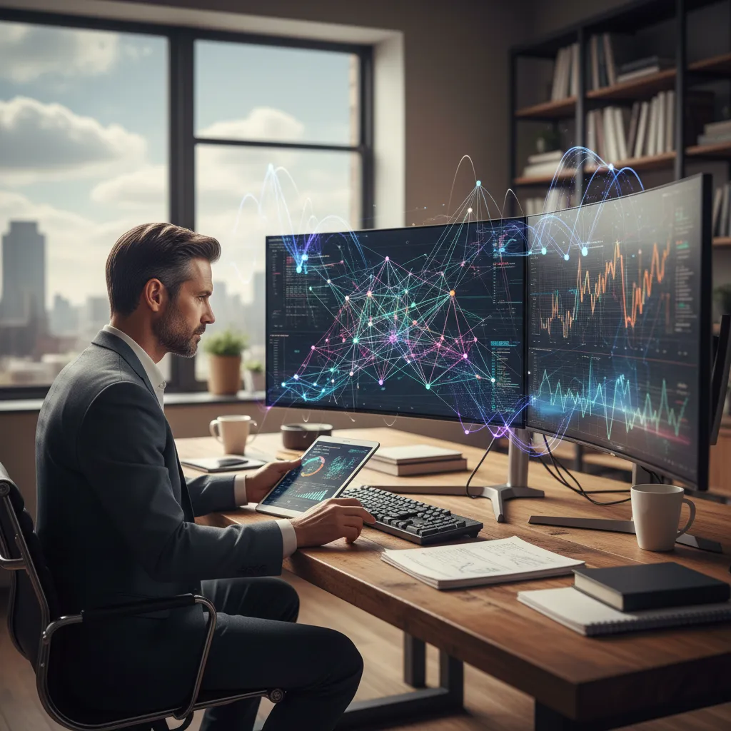 Corporate strategist reviewing dynamic financial forecasts, market entry scenarios, and risk analytics on a modern tablet interface.