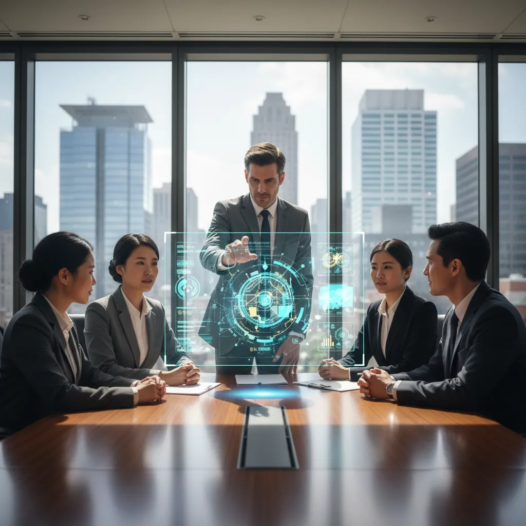 Corporate board members discussing global growth strategies using interactive, AI-driven holographic data visualizations.