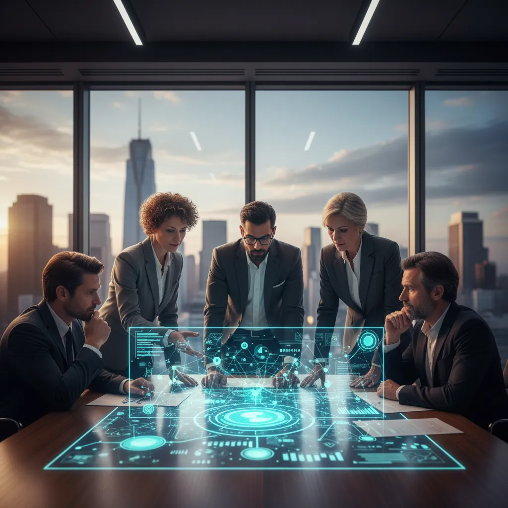 Executive leadership team collaborating on real-time AI dashboards to model business growth opportunities.