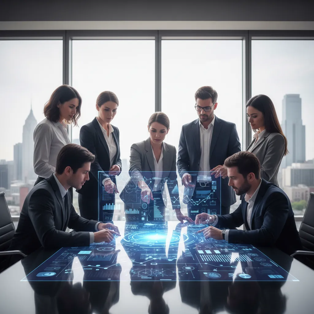 Business executives reviewing AI-powered strategic insights on a digital display during a boardroom session.