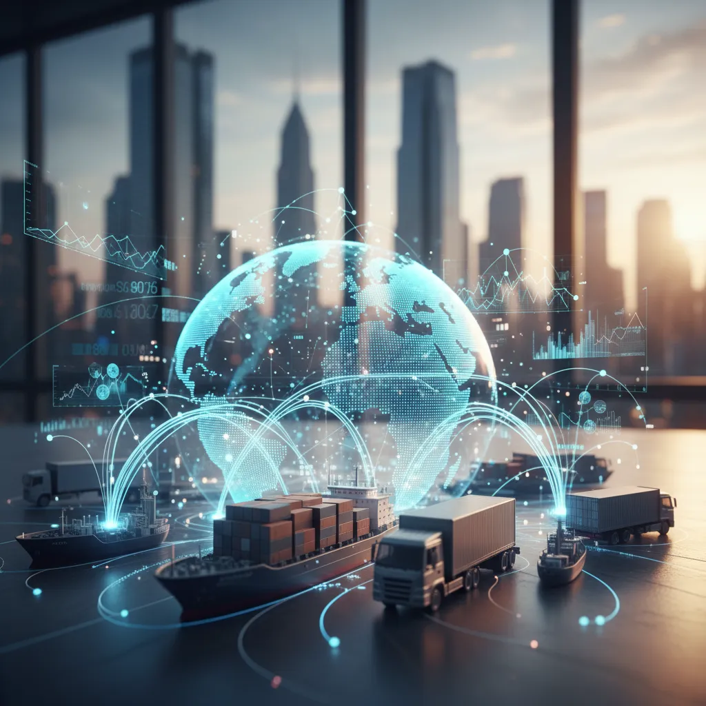 Global logistics maps overlaid with real-time financial transaction streams and AI-driven supply chain risk indicators.