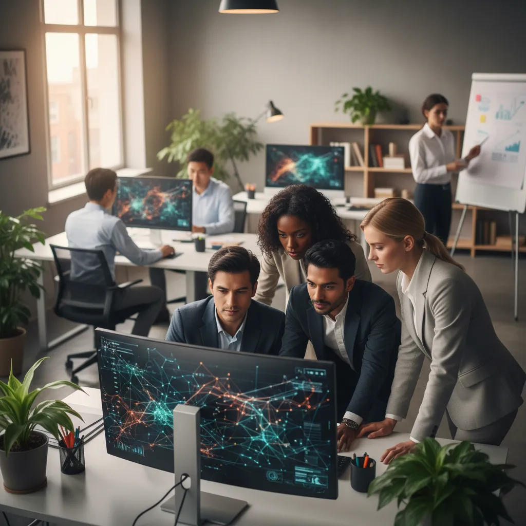 Treasury analysts reviewing AI dashboards displaying supplier risk indicators and automated payment logs.