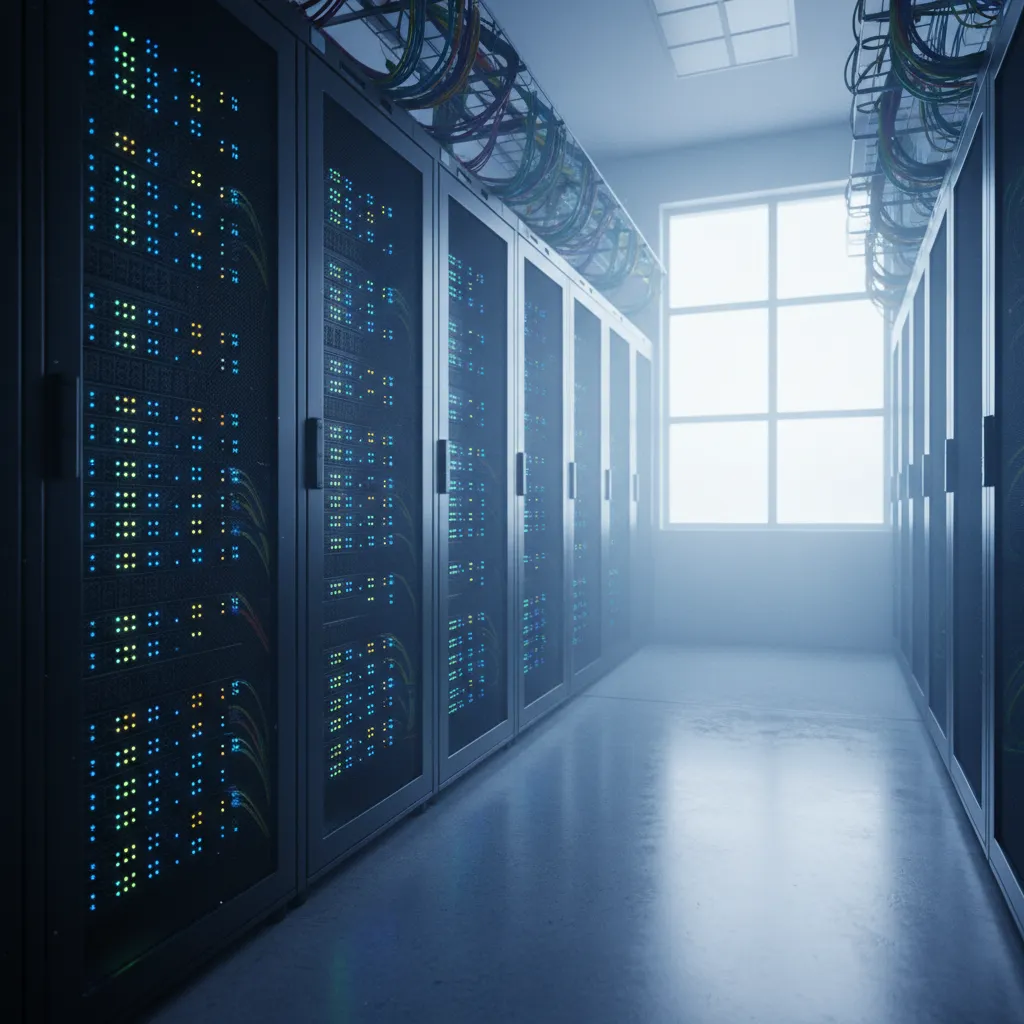 Server racks in a data center, representing the computing infrastructure required for high-frequency trading.