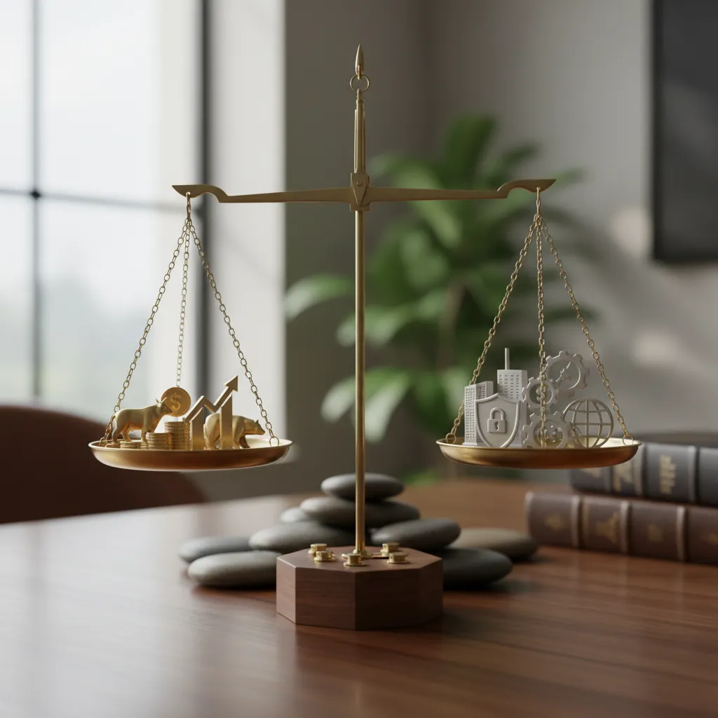 A balance scale weighing public equity risk against alternative asset diversification benefits.