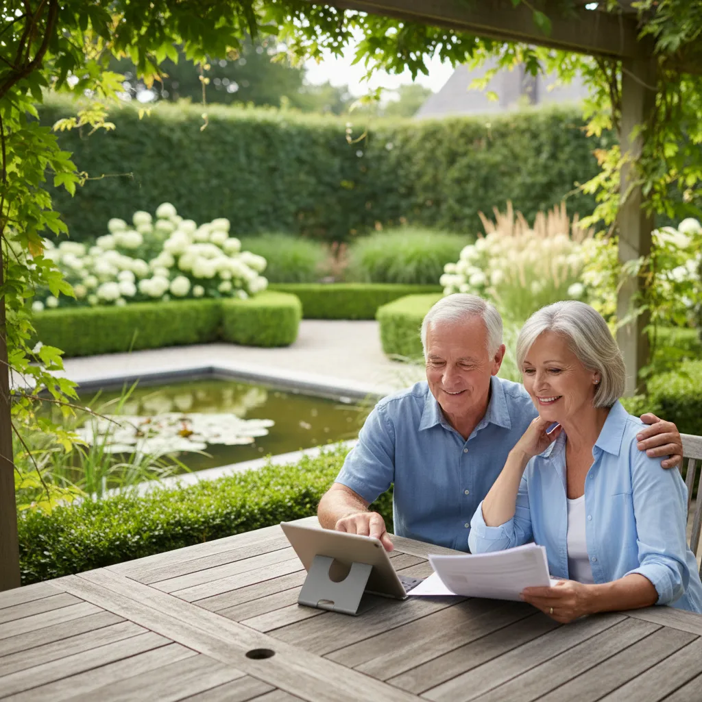 A retired couple reviewing their monthly retirement cash flows, guaranteed annuity distributions, and pension plans in a home office.