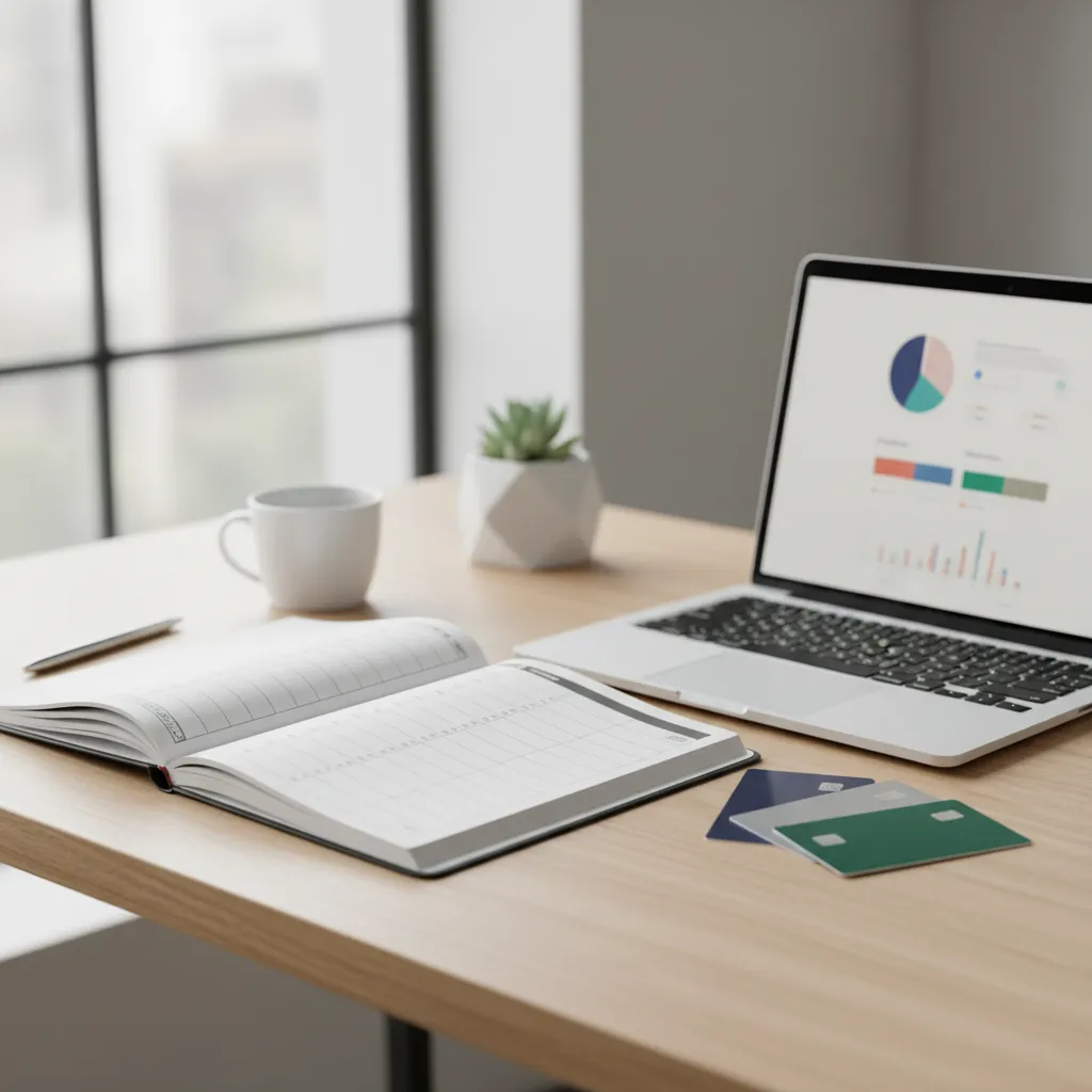 Corporate card options displayed alongside accounting charts, tax forms, and ledger files.