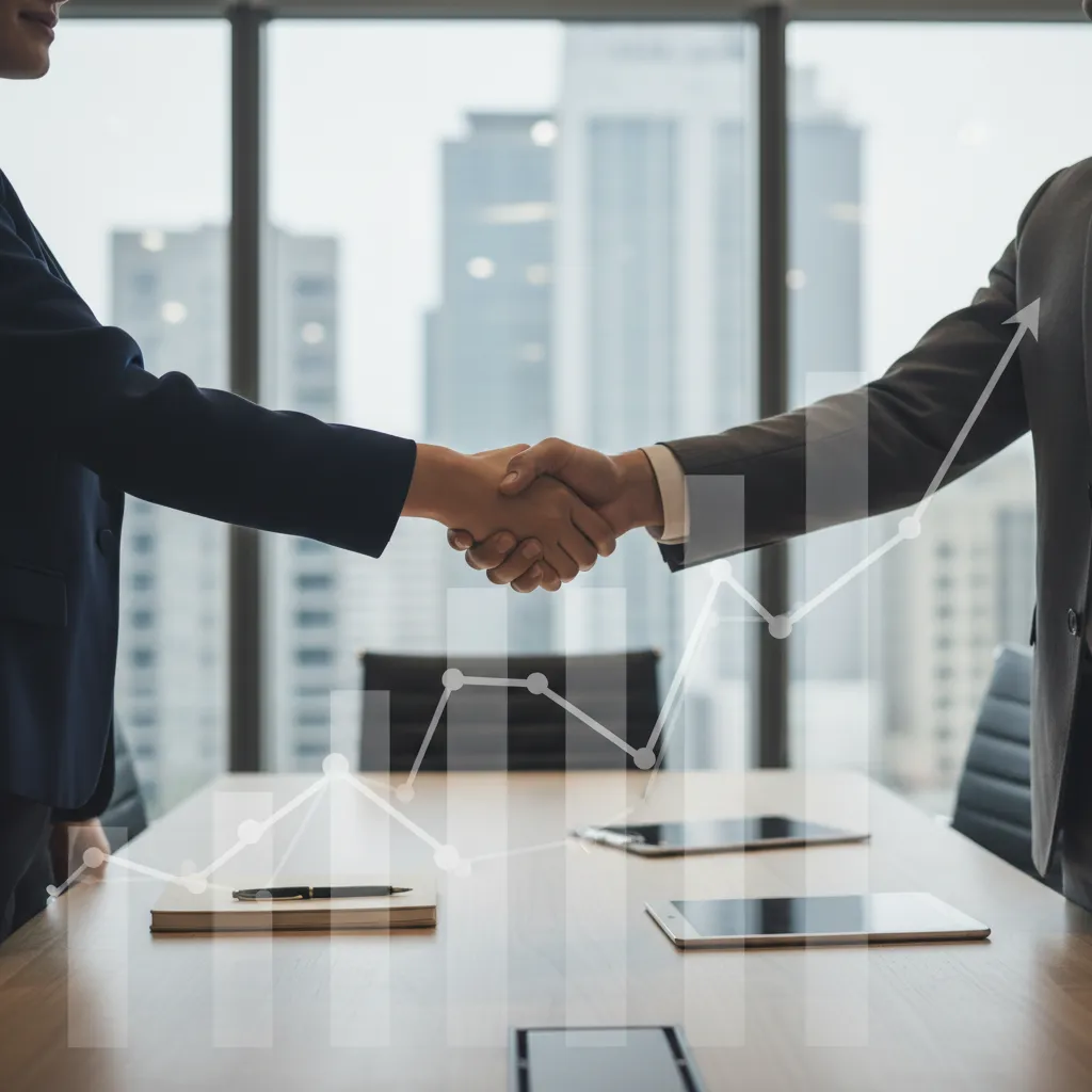 Partners shaking hands in front of a modern storefront, celebrating successful capital funding.