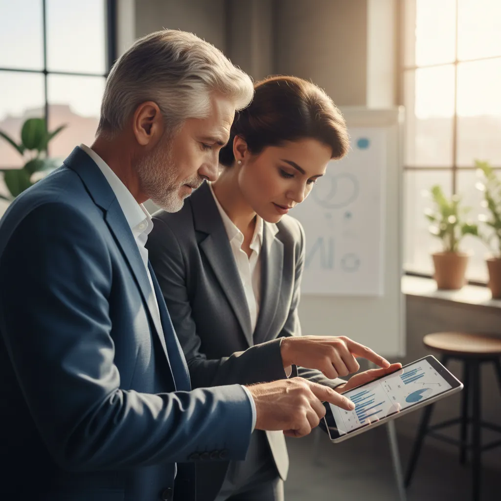 A team of business owners and financial advisors reviewing succession plans, business valuations, and buy-sell agreements in an office.