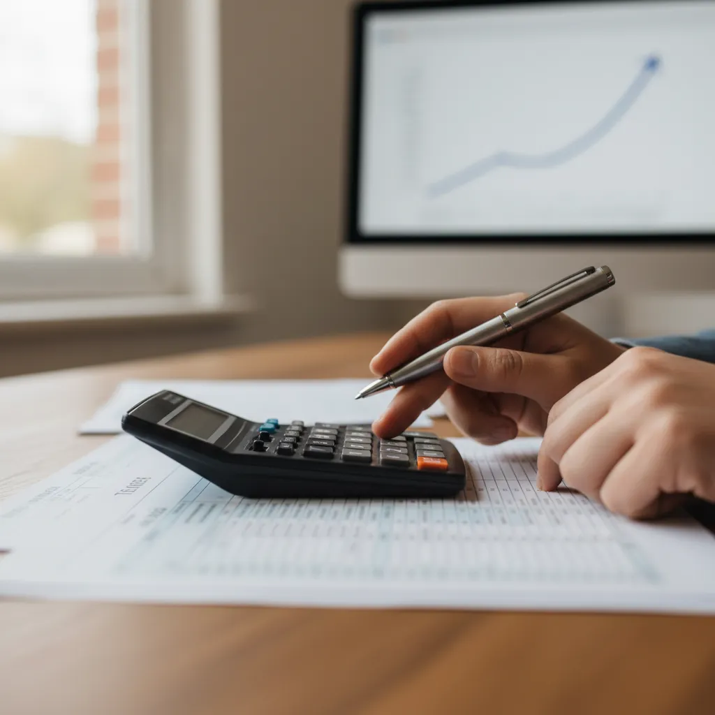 Close-up of tax documents, financial calculators, and asset yield projection spreadsheets.