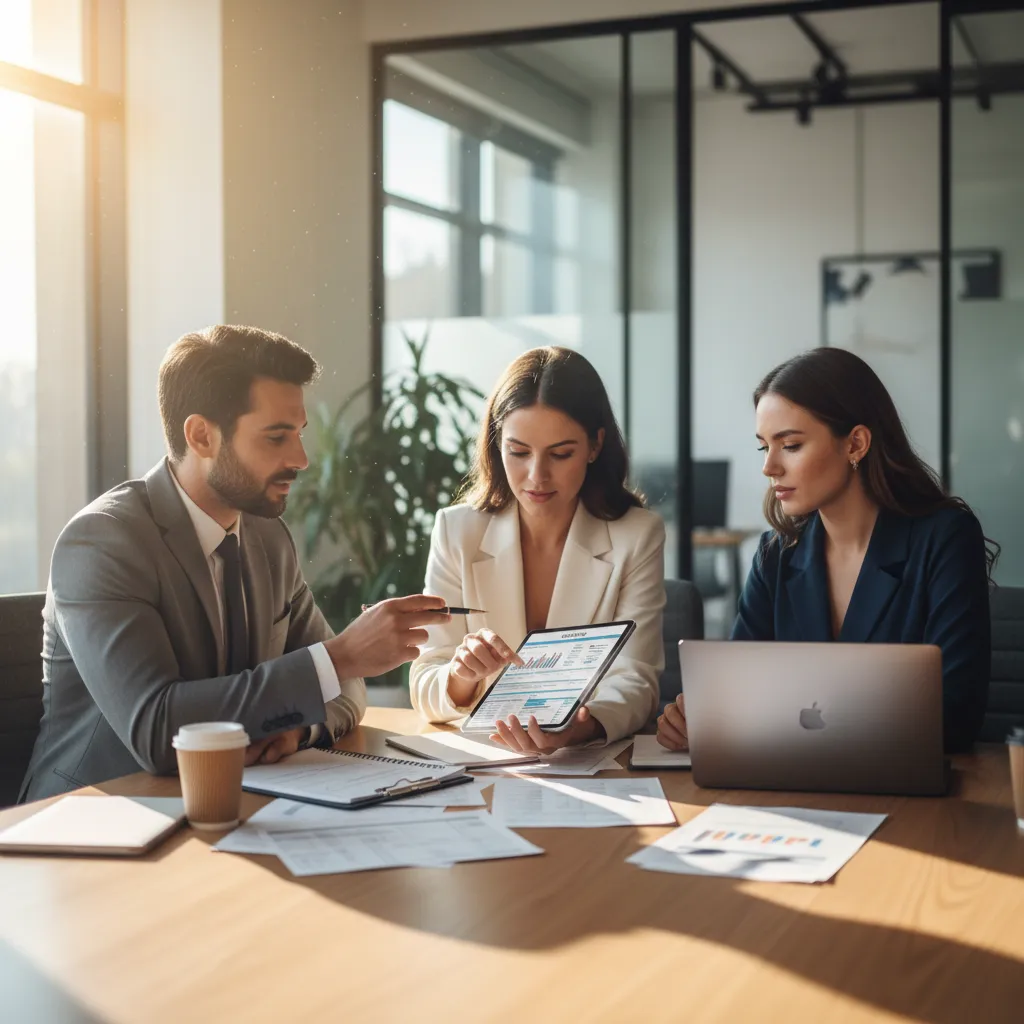 Financial and tax planning professionals analyzing investment spreadsheets and capital gains tax strategies.
