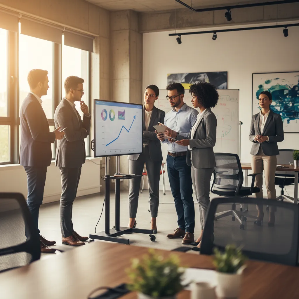 Financial directors reviewing real-time cash flow dashboards and working capital runway graphs on a digital monitor.