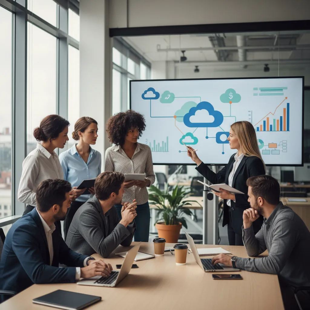 A team of cloud architects and financial analysts discussing TCO models, database licensing, and data egress fees on a whiteboard.