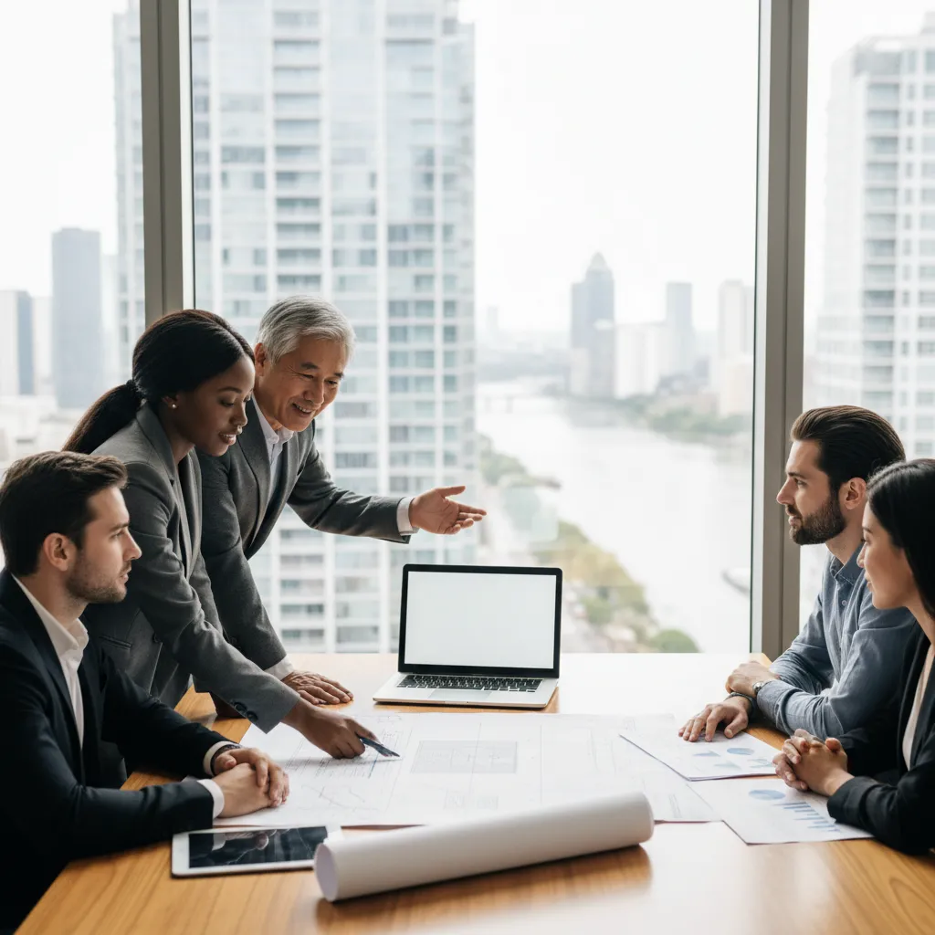 A team of commercial real estate investors analyzing building models and urban property layouts during a deal structuring meeting.