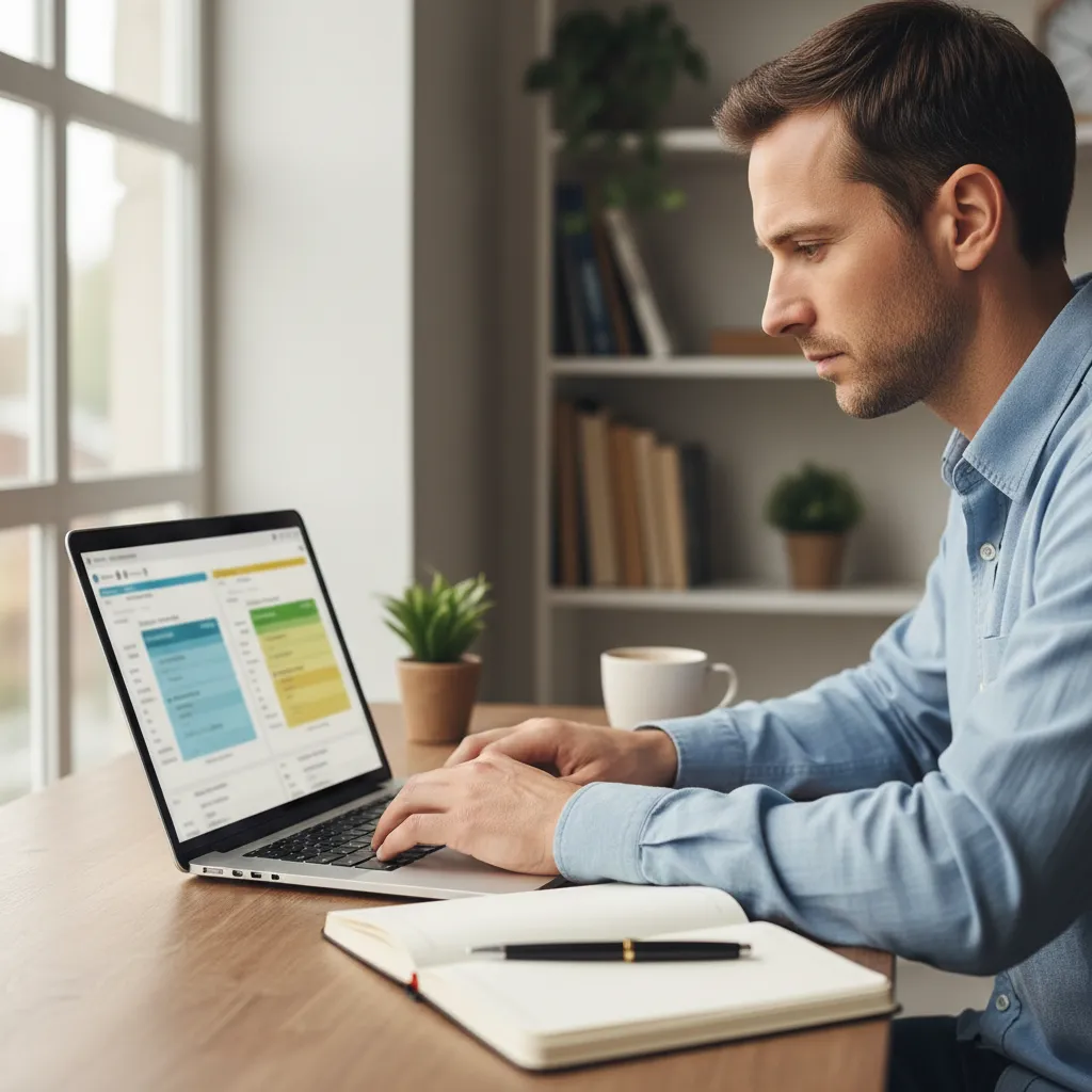 Individual comparing advisor fee sheets and credentials on a modern laptop screen.