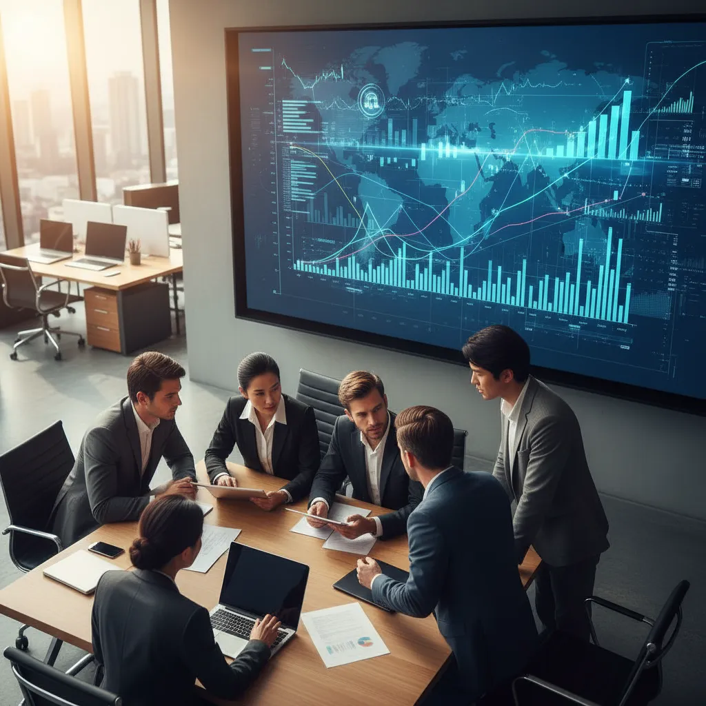 A corporate treasury team analyzing global FX transactions, forward contract terms, and currency spot charts on a financial terminal.