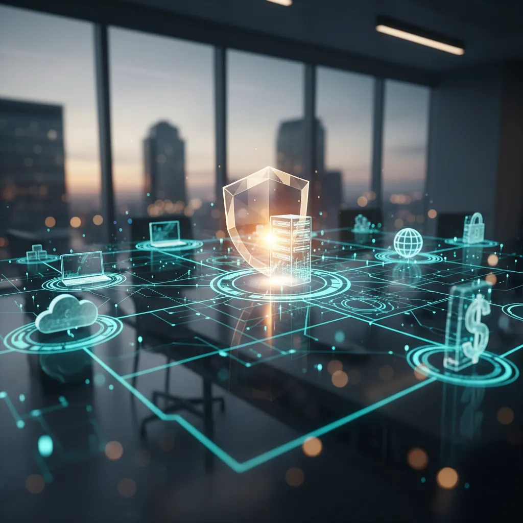 A futuristic network dashboard displaying cybersecurity shields, encrypted data pipelines, and cyber liability indicators.