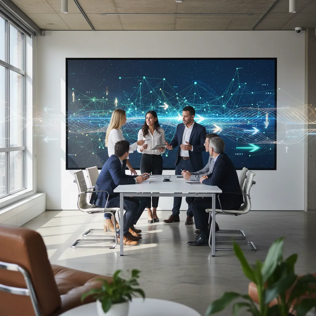 A team of data analysts and business strategists reviewing digital monetization pipelines and database yields.