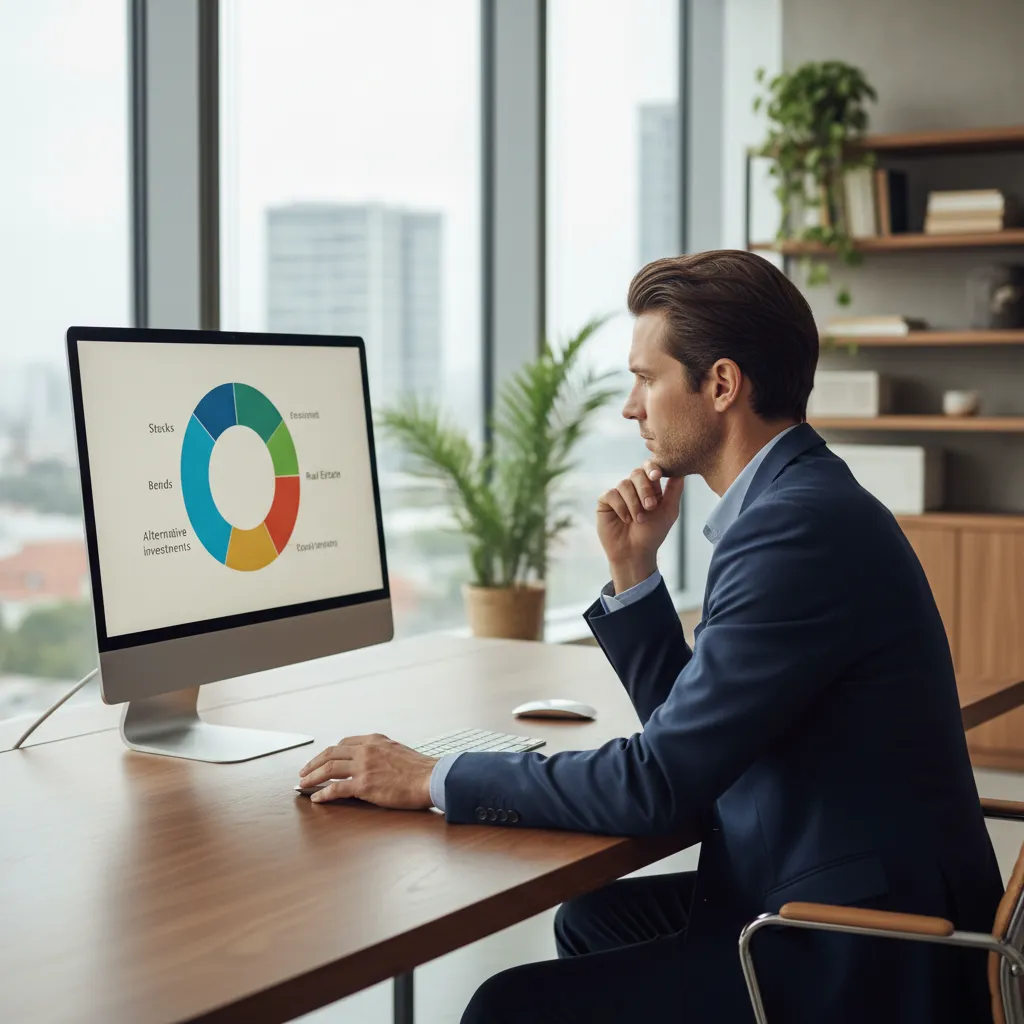 An analyst reviewing a diversified investment portfolio on a monitor.