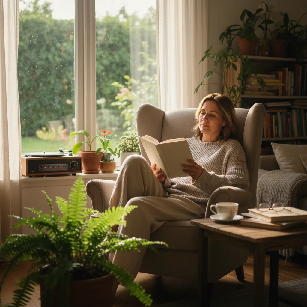 A relaxed professional enjoying a flexible early retirement lifestyle at home.