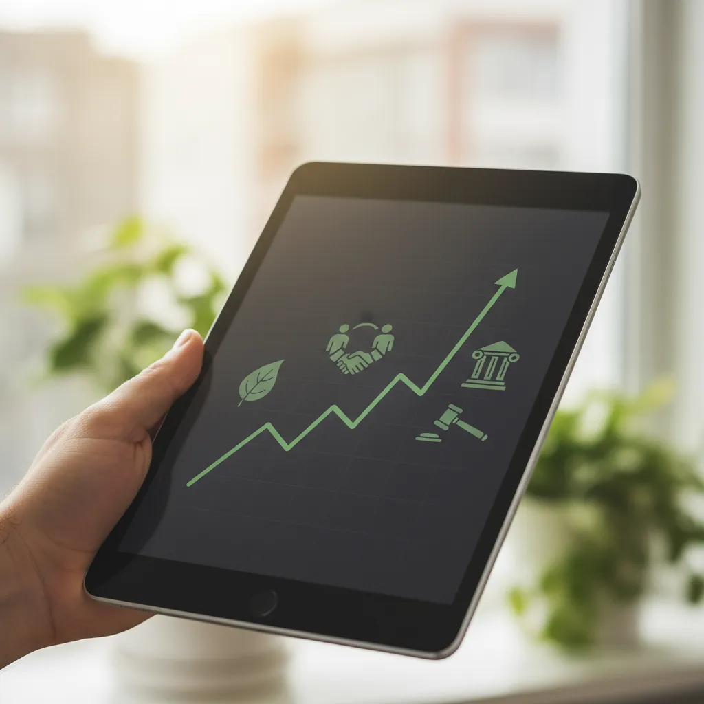 A tablet displaying ESG performance metrics, carbon indices, and governance grades.