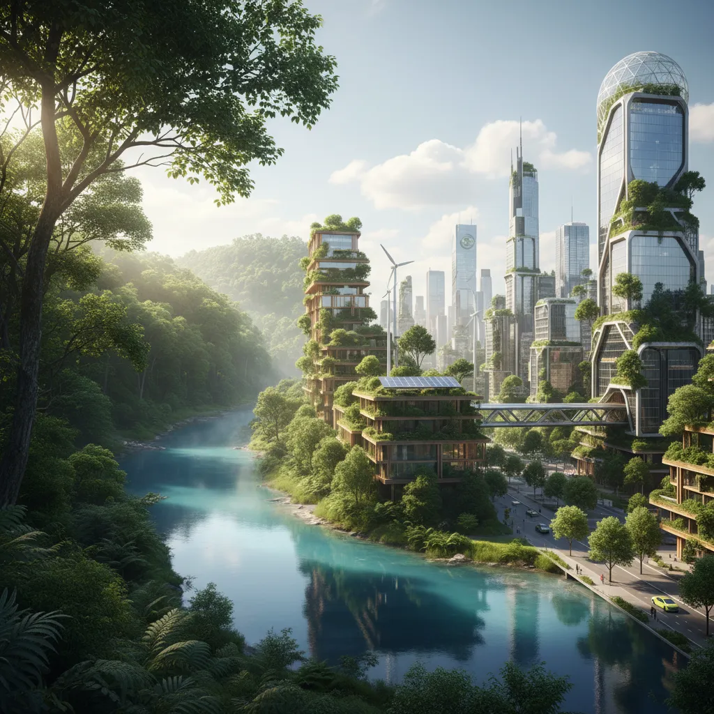 A sustainable city skyline transitioning into a green environment, representing ESG impact.