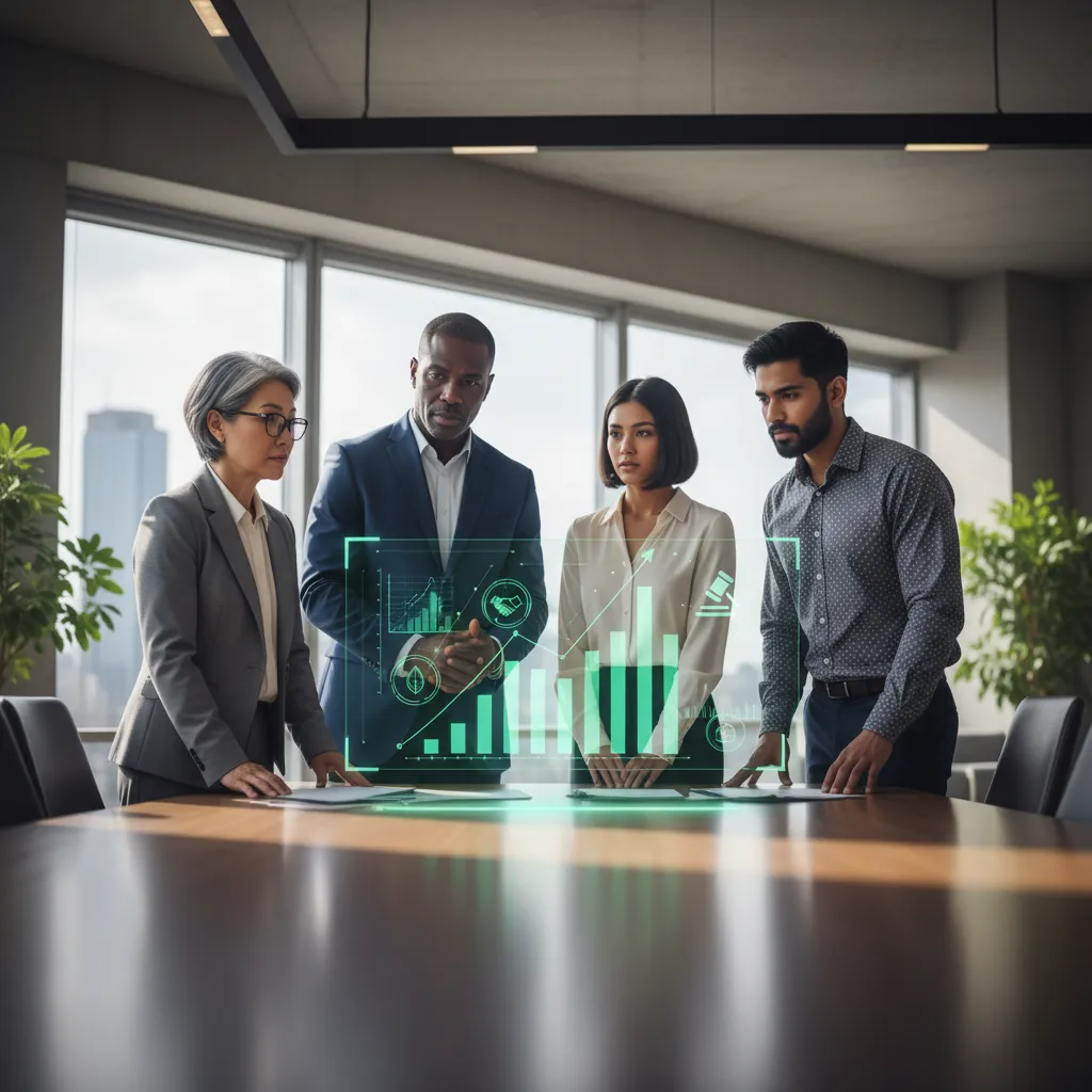 A diverse group of investment analysts analyzing carbon emission logs, labor safety indices, and corporate governance data on a screen.