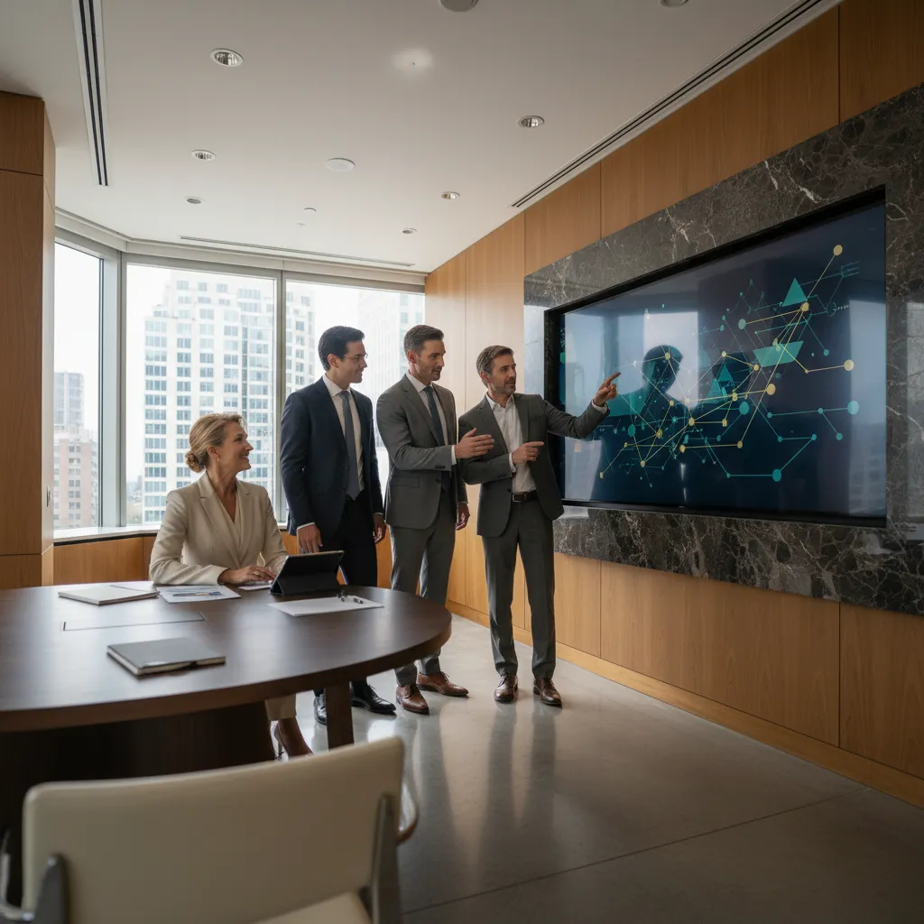A modern family office boardroom with digital dashboards tracking alternative assets, private equity yields, and global wealth metrics.
