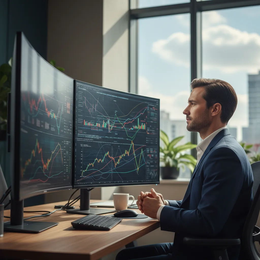 Wealth management advisor presenting AI-driven asset allocation proposals and risk metrics to an enterprise client.