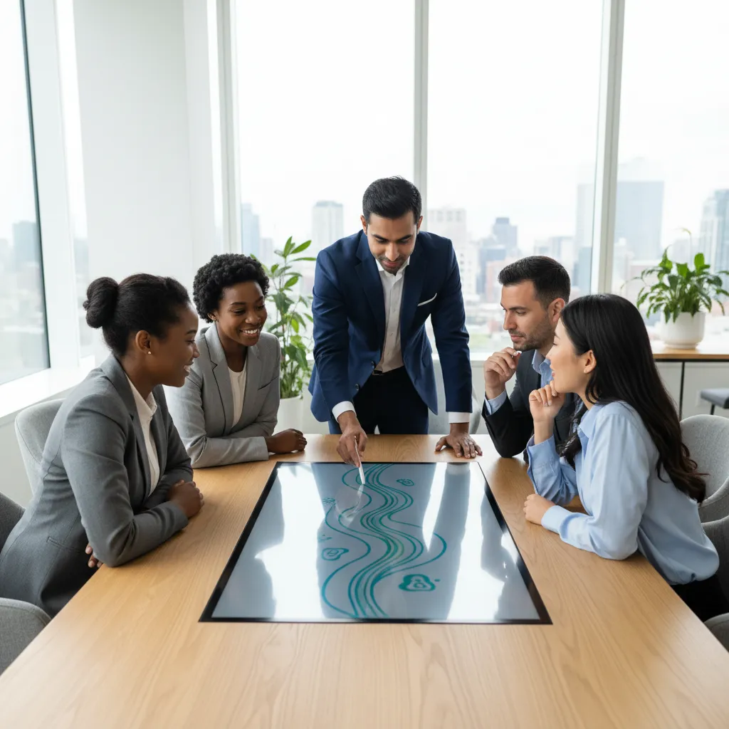 Wealth management clients consulting with a fiduciary financial advisor, reviewing asset plans on a tablet.