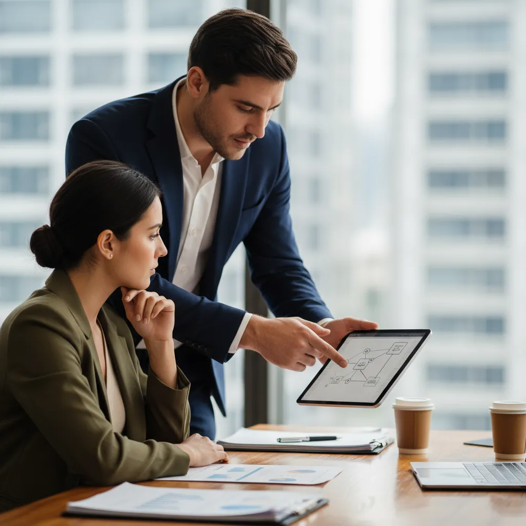 A financial advisor reviewing cap tables, mezzanine covenants, and leverage multiples with a founder.