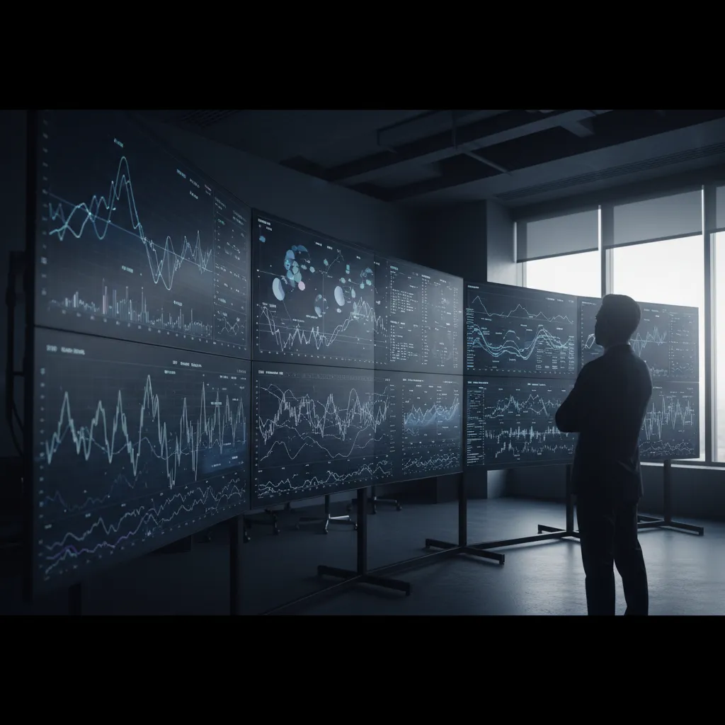 Illustration of cryptocurrency dashboards, financial analytics charts, and integrated business software tools in a modern workspace.