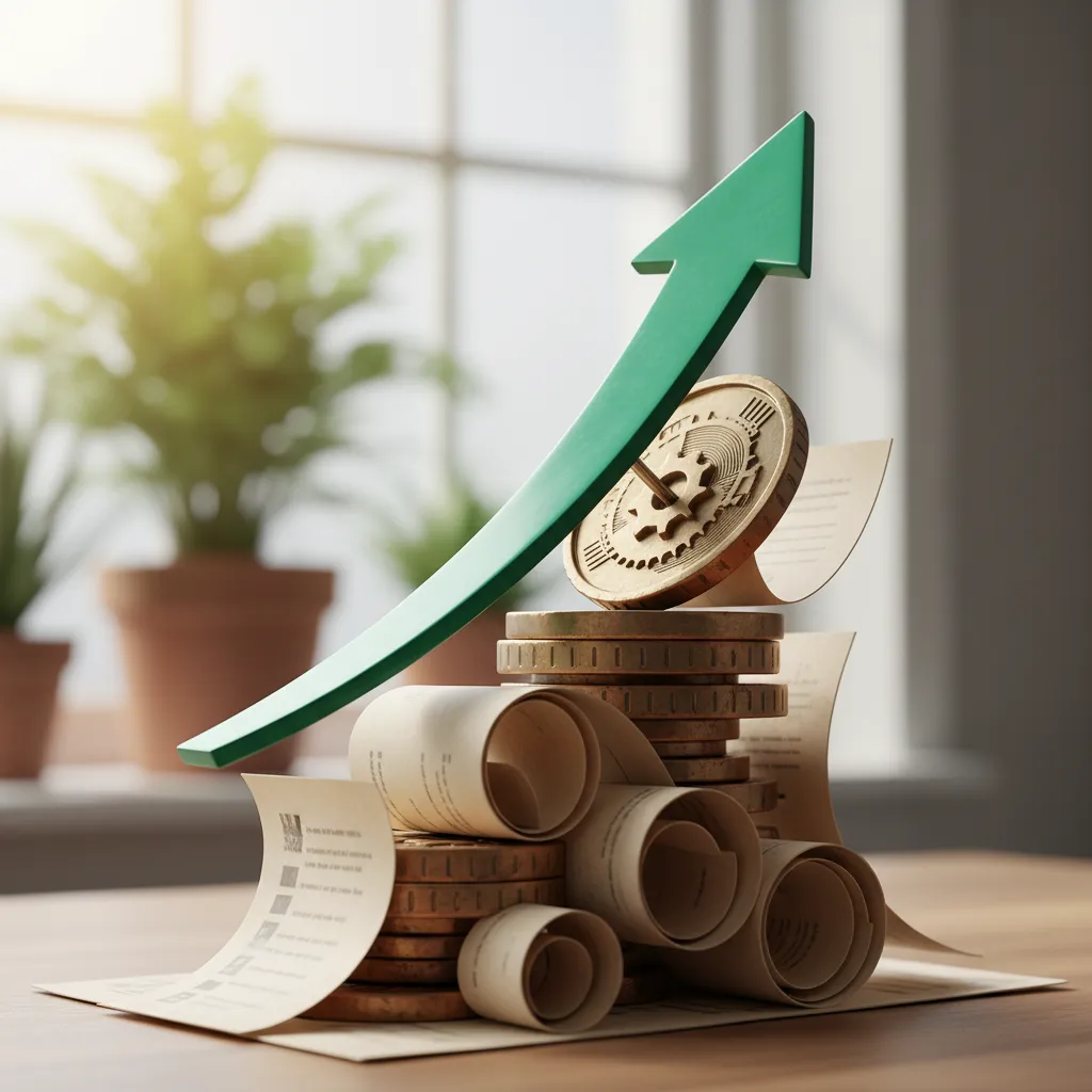 An icon of a green rising arrow on coins representing startup growth.