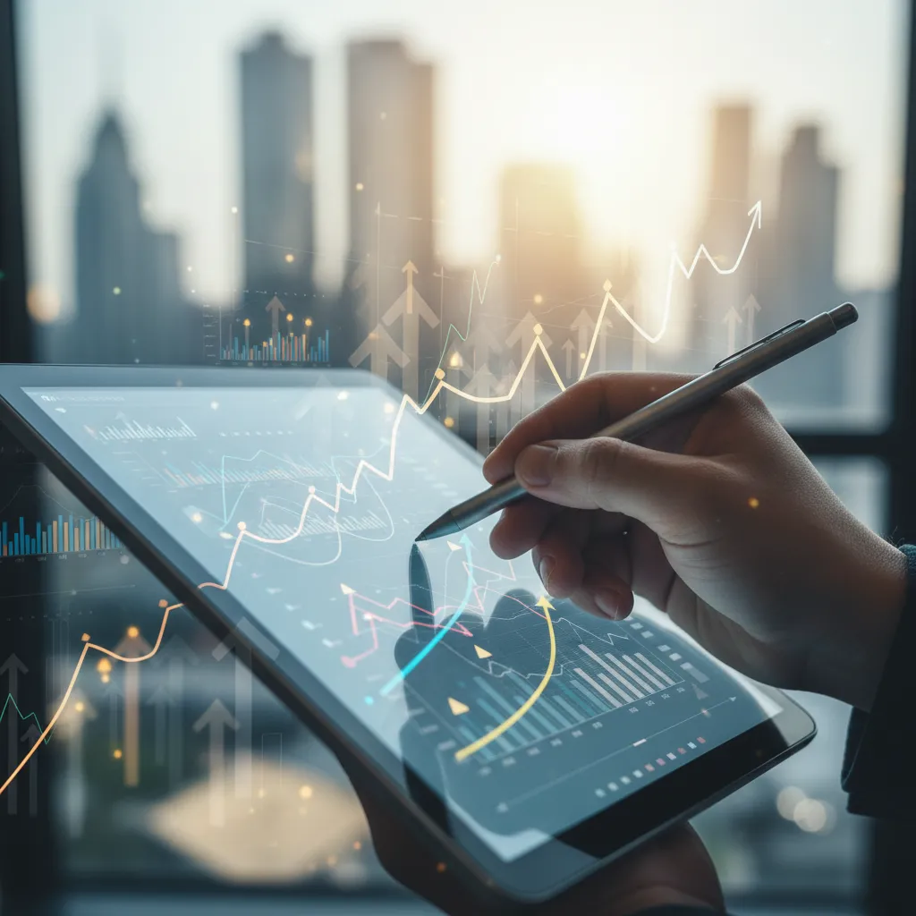 An analyst reviewing financial models and growth projections on a tablet.