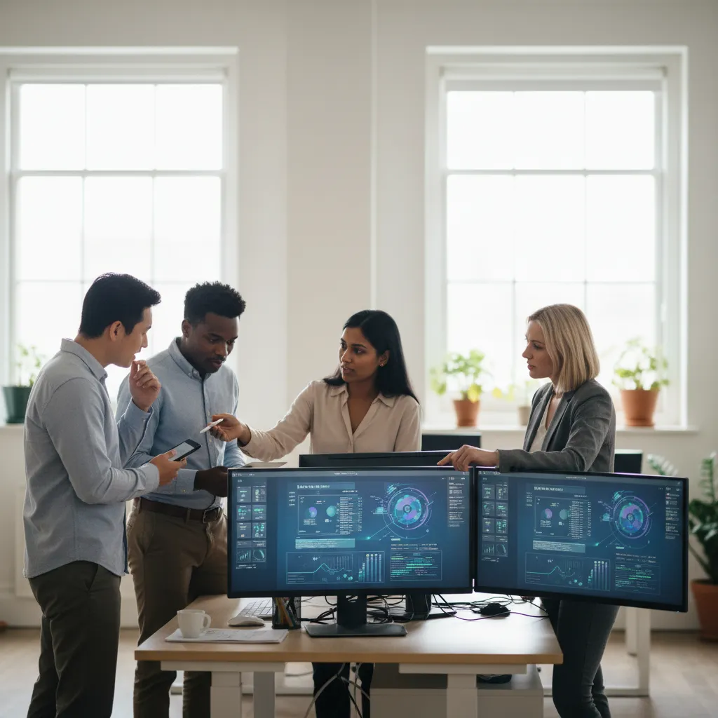 An engineering lead pointing to a cloud dashboard showing optimized node structures.